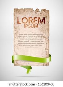 Vector very old rusty torn paper sheet with green silky ribbon