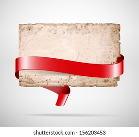Vector very old rusty torn paper sheet with red silky ribbon