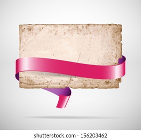 Vector very old rusty torn paper sheet with pink silky ribbon