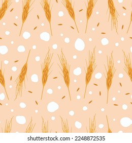 Vector very pale orange seamless pattern: Organized Crop. Cropped wheat ears loosely arranged in rows with grain kernels and lots of hail stones in between. Part of Hail In The Fields collection.