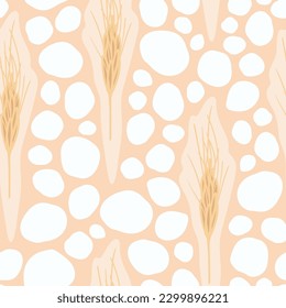 Vector very pale orange seamless pattern: Frosted. Wheat or barley ears, surrounded by a transparent halo among white hailstones or pebbles. Part of Hail In The Fields collection.