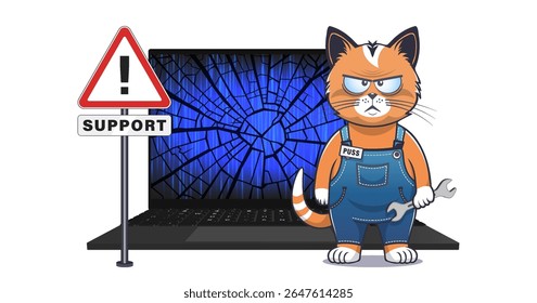 Vector very serious red cartoon puss in denim overalls and with wrench. Road warning exclamation mark, sign with inscription support. 3d mobile computer, laptop with broken screen. Important cat