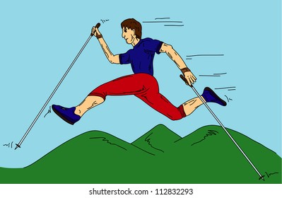 vector - very speed Nordic walking man, isolated on background