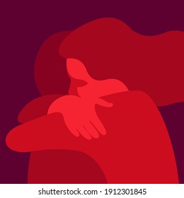 vector very stylized illustration of silhouettes of two hugging people in purple and pink colors. This illustration can be used as a card for Valentine's Day or International Hug Day.