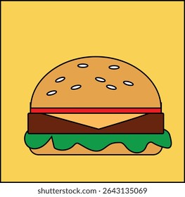 Vector: a very tasty hamburger with cheese meat lettuce and tomato inside. hamburger drawing.