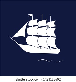 Vector of vessel ship silhouette.White on darck blue background