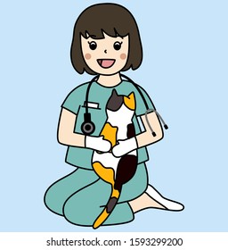 vector of veterinarian girl hold and give a big hug for three color catillustration background