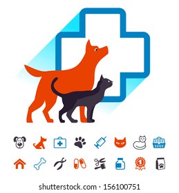 Vector veterinary emblem and pets icon set 