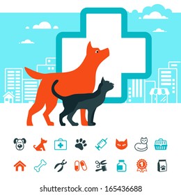 Vector veterinary emblem and pets icon set