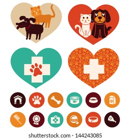 Vector veterinary emblems and signs - cat and dog cartoon icons