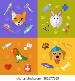 Vector veterinary icons set. Cat, dog, fish, parrot, doctors, pets, medical tools.