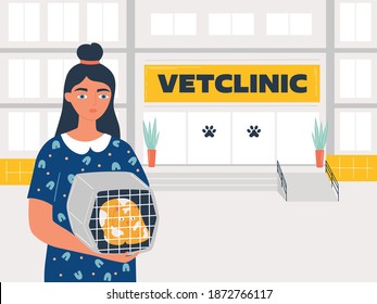 Vector Veterinary Medicine Hospital Or Clinic For Animals. Woman Holding Cat To Cure Ill Or Sick Pet Disease. Girl Standing Outside Vet Clinic. Cartoon Flat Style Illustration.