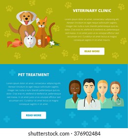 Vector veterinary template, website layout, concept. Cat, dog, fish, parrot, doctors, pets, medical tools icons.