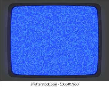 Vector VHS blue intro screen of a videotape player with noise flickering. Retro 80 s style vintage blue pixel art background.