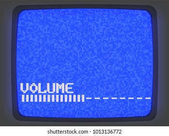 Vector VHS blue intro screen of a videotape player with noise flickering. Retro 80 s style vintage green pixel art background. Old TV volume scale