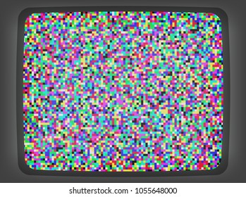 Vector VHS color intro screen of a tv with noise flickering. Retro 80 s style vintage pixel art background.