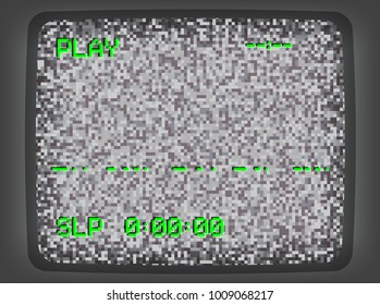 Vector VHS gray intro screen of a videotape player with noise flickering. Retro 80 s style vintage green pixel art background.