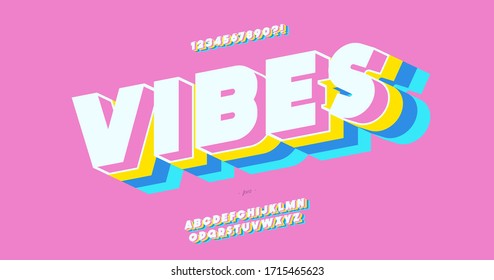 Vector vibes 3d bold font colorful style trendy typography for decoration, logo, party poster, t shirt, book, card, sale banner, printing on fabric, stamp. Cool alphabet. Modern typeface. 10 eps