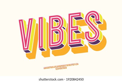 Vector vibes font 3d bold color style modern typography for decoration, logo, poster, t shirt, book, card, sale banner, printing on fabric, industrial. Cool typeface. Trendy fun alphabet. 10 eps