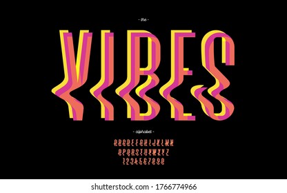 Vector vibes font modern colorful style trendy typography for decoration, logo, summer party poster, t shirt, book, card, banner, printing, stamp. Cool alphabet. Trendy typeface. 10 eps