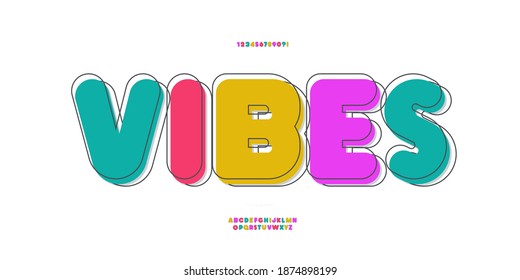 Vector vibes font modern colorful style trendy typography for decoration, logo, summer party poster, t shirt, book, card, banner, printing, stamp. Cool alphabet. Trendy typeface. 10 eps