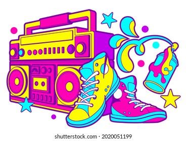 Vector vibrant 90s design set: boombox, graffiti paint ballon, sneakers, cool casual gumshoes.Isolated elements. 