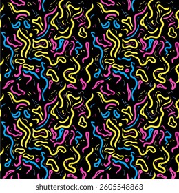 A vector vibrant abstract pattern featuring colorful wavy lines in pink, yellow, and blue against a black background, creating a lively and dynamic visual effect.