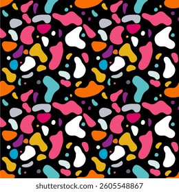 A vector vibrant abstract pattern featuring colorful organic shapes in various sizes and colors, including pink, orange, white, turquoise, and purple, set against a black background.