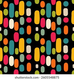 A vector vibrant abstract pattern featuring colorful elongated shapes in various hues, including teal, orange, pink, green, and cream, set against a black background.