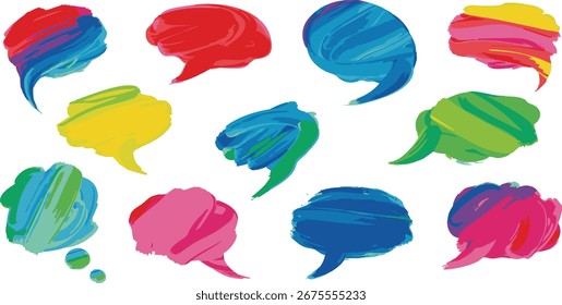 Vector Vibrant Artistic Speech and Thought Bubbles Set. Colorful hand-painted brushstroke style chat icons on white. Creative communication elements for dialogue and ideas.