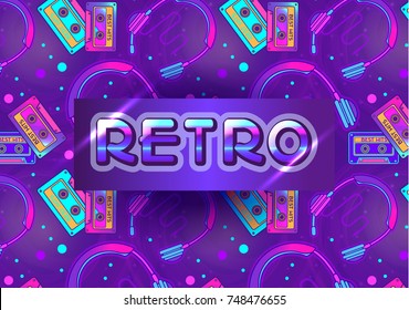 Vector vibrant banner template , retro style for radio party, Festival, Event, Club Flyer, Invitation, Poster, web banner. Mysterious dream background, holographic colors. Futuristic neon shapes .