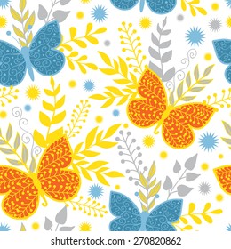 Vector vibrant blue and orange butterflies seamless pattern background 