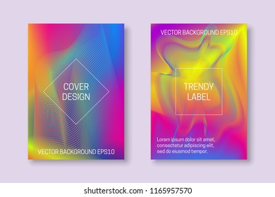 Vector vibrant colored cover templates with iridescent guilloche elements. Trendy colorful brochures or labels backgrounds.