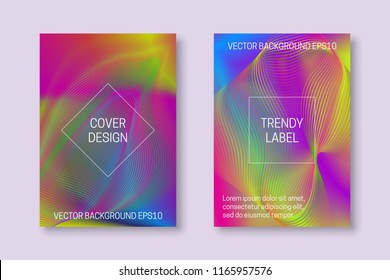 Vector vibrant colored cover templates with iridescent guilloche elements. Trendy colorful brochures or labels backgrounds.
