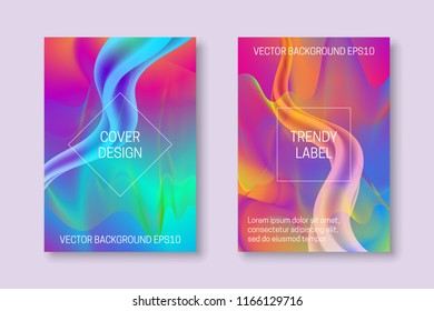 Vector vibrant colored cover templates with iridescent guilloche elements and floating ethereal shapes. Trendy colorful brochures or labels backgrounds.