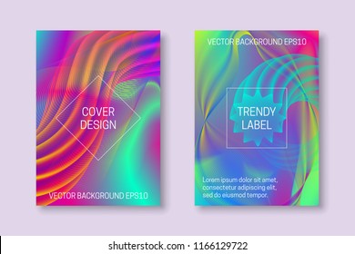 Vector vibrant colored cover templates with iridescent guilloche elements and floating ethereal shapes. Trendy colorful brochures or labels backgrounds.