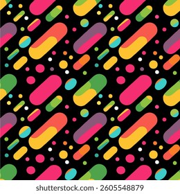 A vector vibrant and colorful abstract pattern featuring elongated shapes and circles in bright colors like pink, yellow, green, and blue against a black background.