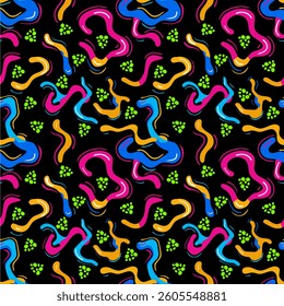 A vector vibrant and colorful abstract pattern featuring wavy lines in pink, blue, orange, and green against a black background. The design includes playful shapes and paw prints.