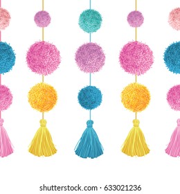 Vector Vibrant Colorful Birthday Party Pom Poms and Tassels Set On Strings Horizontal Seamless Repeat Border Pattern. Great for handmade cards, invitations, wallpaper, packaging, nursery designs.