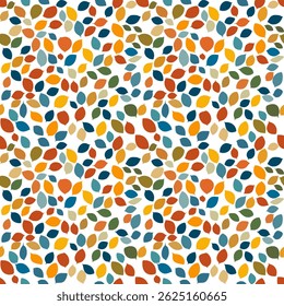 A vector vibrant and colorful pattern featuring an array of leaves in various shapes and sizes. The leaves are in shades of orange, blue, green, yellow, and beige, set against a white background