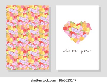 Vector vibrant colors Valentine day print with calligraphy Love you and seamless background from conversation hearts. Cute pattern with heart-shaped candy for February, 14 holiday print.