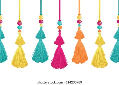 Vector Vibrant Decorative Tassels, Beads, And Ropes Horizontal Seamless Repeat Border Pattern. Great for handmade cards, invitations, wallpaper, packaging, nursery designs.