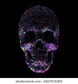 Vector vibrant dotted skull art with colorful particles against black background. Bright neon color pixel contemporary graphic art. 