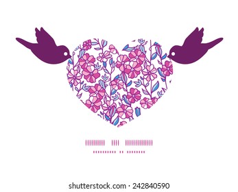 Vector vibrant field flowers birds holding heart silhouette frame pattern invitation greeting card template