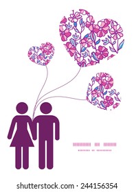 Vector vibrant field flowers couple in love silhouettes frame pattern invitation greeting card template
