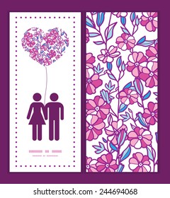 Vector vibrant field flowers couple in love silhouettes frame pattern invitation greeting card template