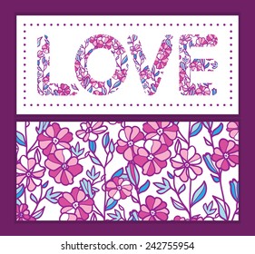 Vector vibrant field flowers love text frame pattern invitation greeting card template