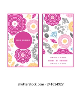 Vector vibrant floral scaterred vertical round frame pattern business cards set