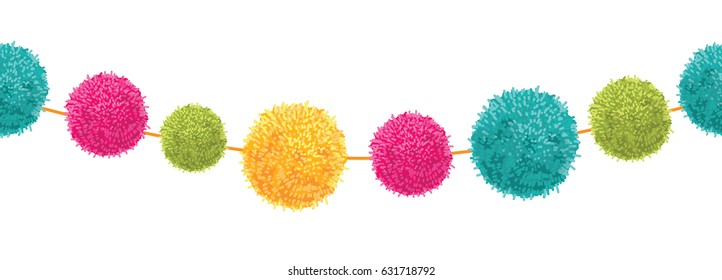 Vector Vibrant Happy Birthday Party Pom Poms Set On A String Horizontal Seamless Repeat Border Pattern. Great for handmade cards, invitations, wallpaper, packaging, nursery designs.