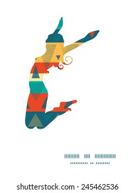 Vector vibrant ikat stripes jumping girl silhouette pattern frame